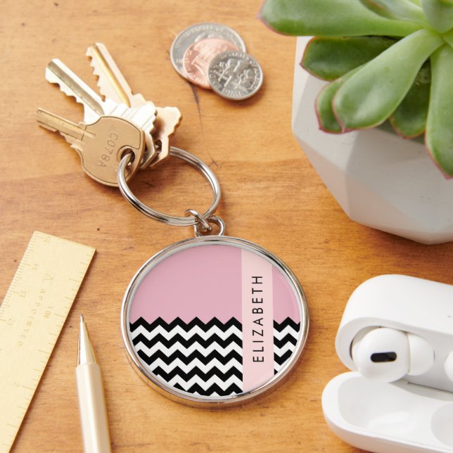 Black and White Zigzag, Chevron, Pink, Your Name Key Ring (Desk)