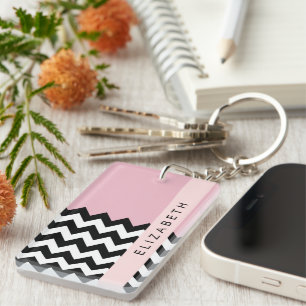 Black and White Zigzag, Chevron, Pink, Your Name Key Ring