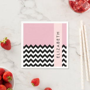 Black and White Zigzag, Chevron, Pink, Your Name Napkin