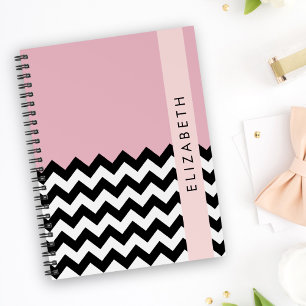 Black and White Zigzag, Chevron, Pink, Your Name Notebook
