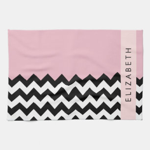 Black and White Zigzag, Chevron, Pink, Your Name Tea Towel