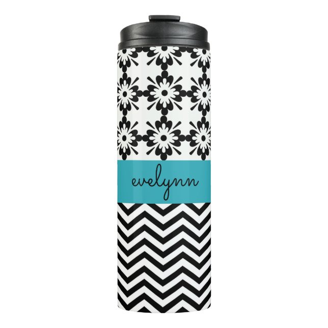Black and White zigzag floral 2 Personalised Thermal Tumbler (Front)