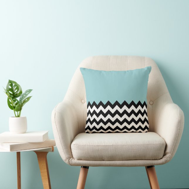 Black and White Zigzag Pattern, Chevron, Blue Cushion (Chair)