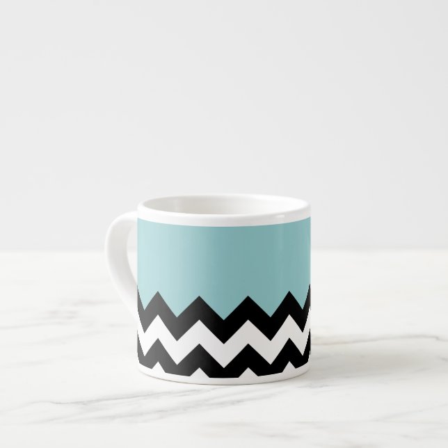 Black and White Zigzag Pattern, Chevron, Blue Espresso Cup (Front Left)