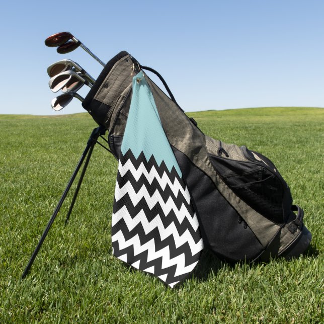 Black and White Zigzag Pattern, Chevron, Blue Golf Towel (Green)