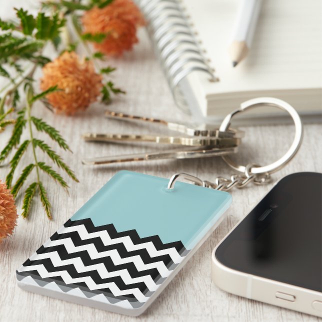 Black and White Zigzag Pattern, Chevron, Blue Key Ring (Front Right)