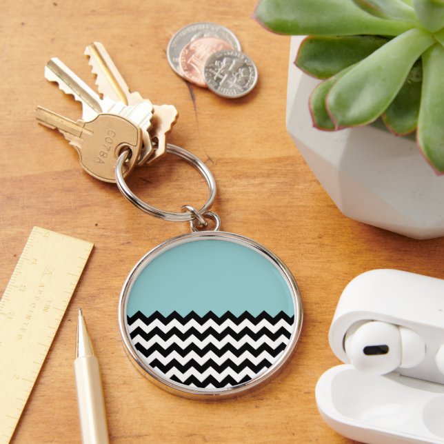 Black and White Zigzag Pattern, Chevron, Blue Key Ring (Desk)