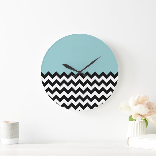 Black and White Zigzag Pattern, Chevron, Blue Large Clock (Home)