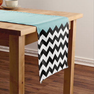 Black and White Zigzag Pattern, Chevron, Blue Medium Table Runner