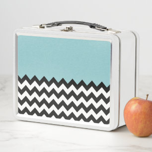 Black and White Zigzag Pattern, Chevron, Blue Metal Lunch Box