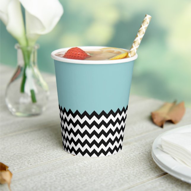 Black and White Zigzag Pattern, Chevron, Blue Paper Cups (Insitu)