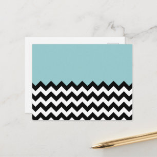 Black and White Zigzag Pattern, Chevron, Blue Postcard