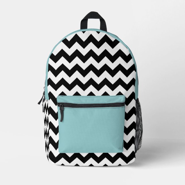 Black and White Zigzag Pattern, Chevron, Blue Printed Backpack (Front)