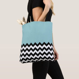 Black and White Zigzag Pattern, Chevron, Blue Tote Bag
