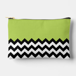 Black and White Zigzag Pattern, Chevron, Green Accessory Pouch