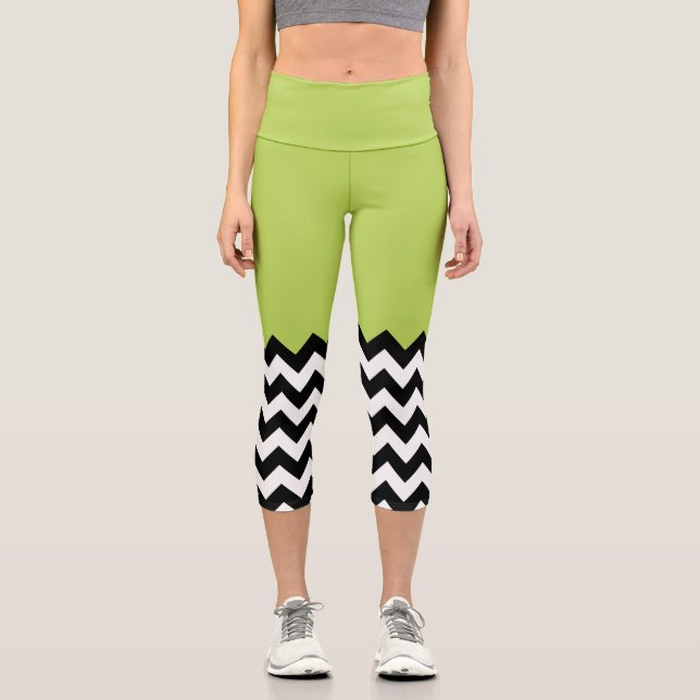 Black and White Zigzag Pattern, Chevron, Green Capri Leggings (Front)
