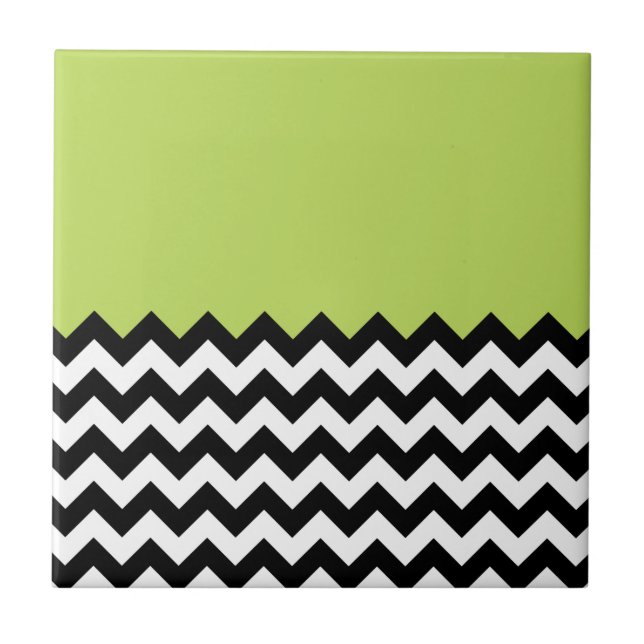 Black and White Zigzag Pattern, Chevron, Green Ceramic Tile (Front)