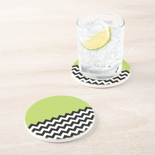 Black and White Zigzag Pattern, Chevron, Green Coaster (Side)
