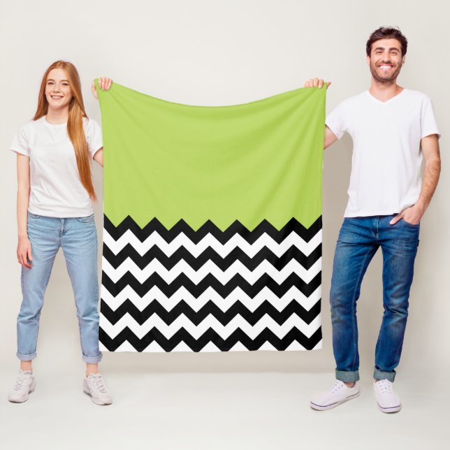 Black and White Zigzag Pattern, Chevron, Green Fleece Blanket (In Situ)