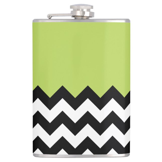 Black and White Zigzag Pattern, Chevron, Green Hip Flask (Front)