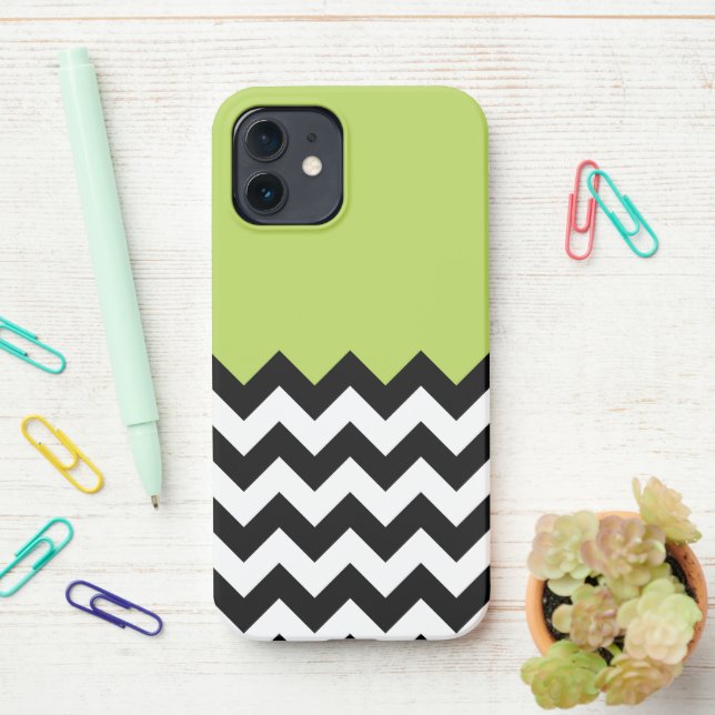 Black and White Zigzag Pattern, Chevron, Green iPhone Case (On Desk)
