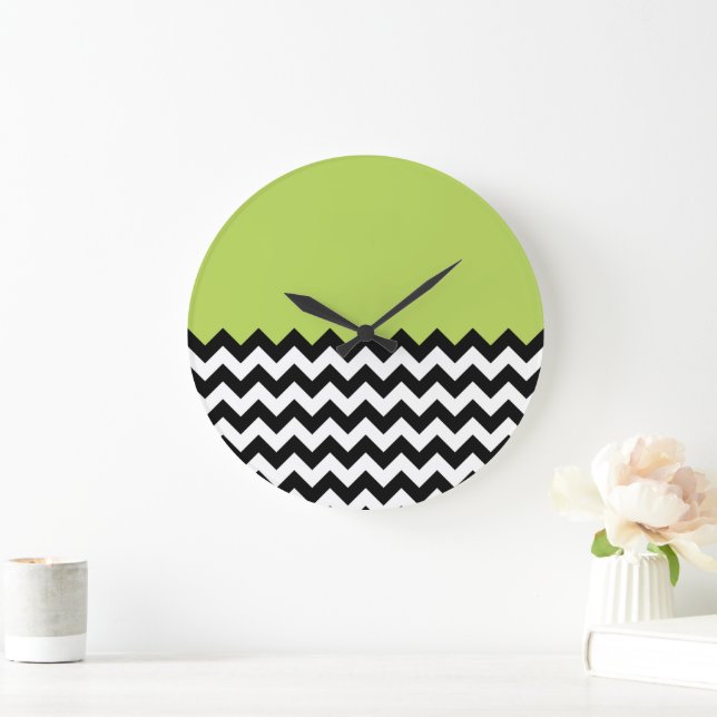 Black and White Zigzag Pattern, Chevron, Green Large Clock (Home)