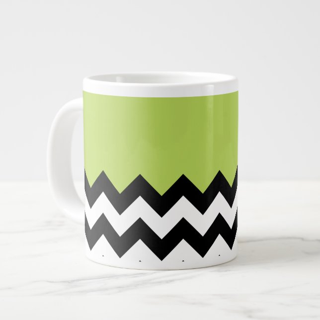 Black and White Zigzag Pattern, Chevron, Green Large Coffee Mug (Front Left)