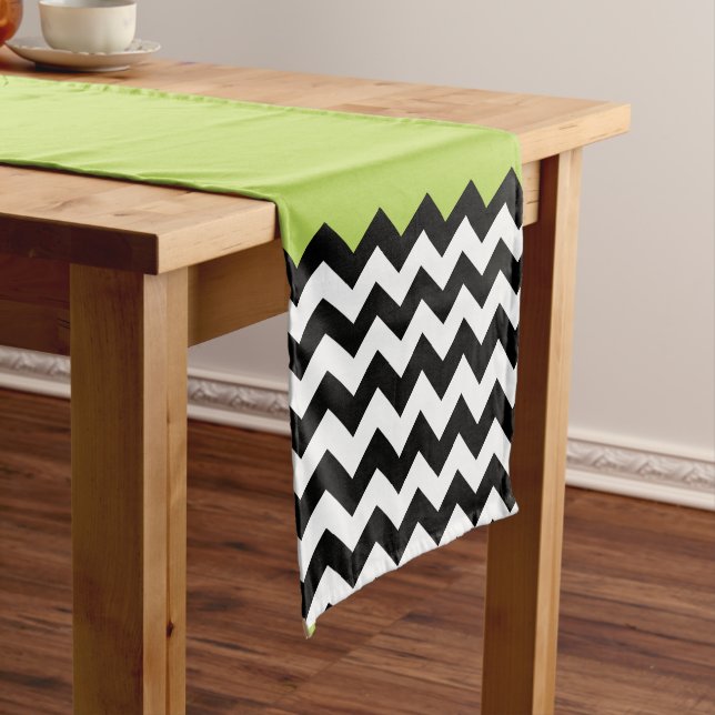 Black and White Zigzag Pattern, Chevron, Green Medium Table Runner (In Situ)