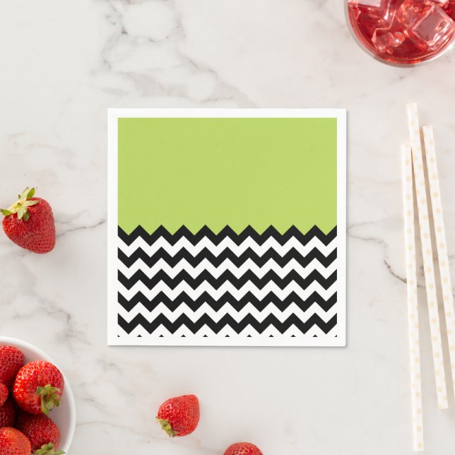 Black and White Zigzag Pattern, Chevron, Green Napkin (Insitu)