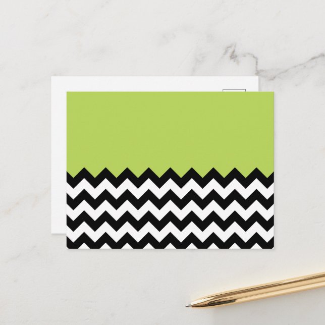 Black and White Zigzag Pattern, Chevron, Green Postcard (Front/Back In Situ)