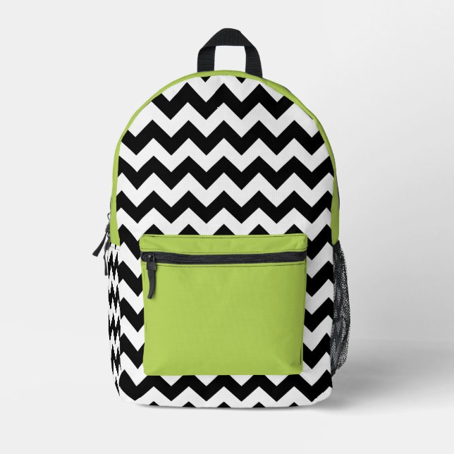 Black and White Zigzag Pattern, Chevron, Green Printed Backpack (Front)