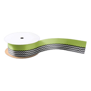Black and White Zigzag Pattern, Chevron, Green Satin Ribbon
