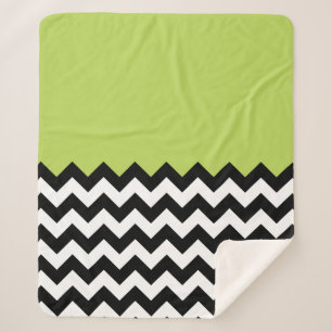 Black and White Zigzag Pattern, Chevron, Green Sherpa Blanket