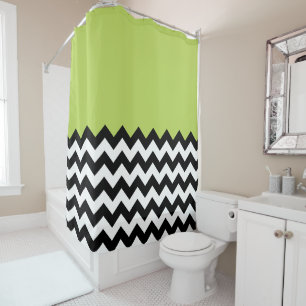 Black and White Zigzag Pattern, Chevron, Green Shower Curtain
