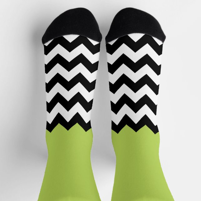 Black and White Zigzag Pattern, Chevron, Green Socks (Top)
