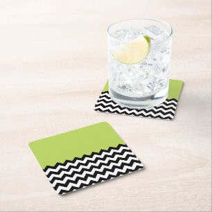 Black and White Zigzag Pattern, Chevron, Green Square Paper Coaster