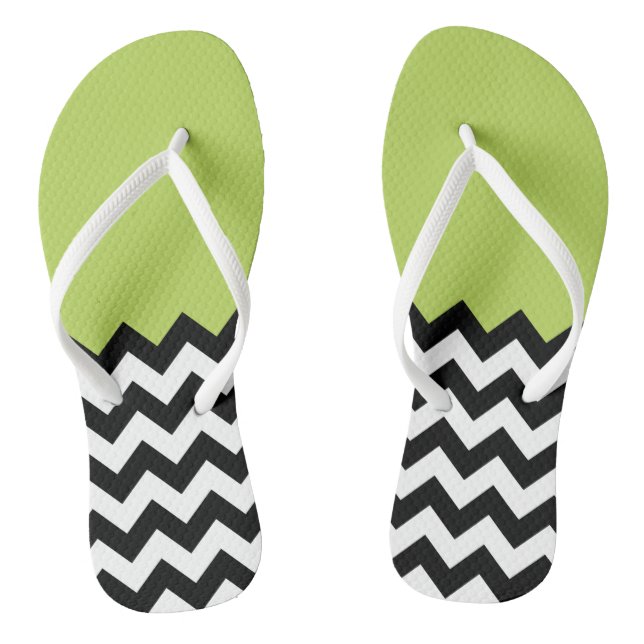 Black and White Zigzag Pattern, Chevron, Green Thongs (Footbed)