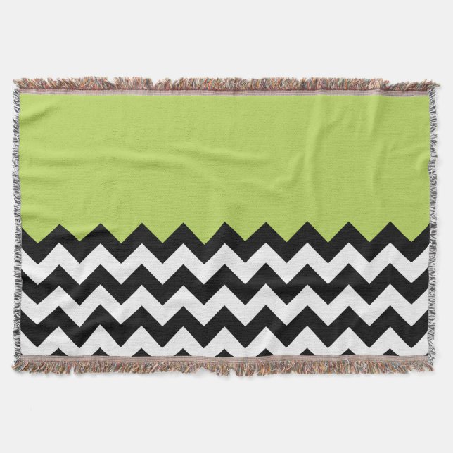 Black and White Zigzag Pattern, Chevron, Green Throw Blanket (Front)