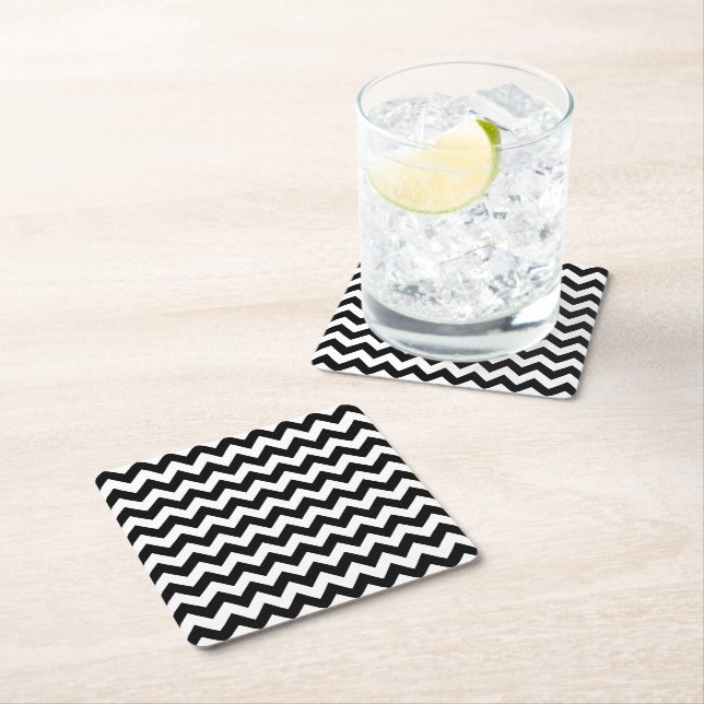 Black and White Zigzag Pattern, Chevron Pattern Square Paper Coaster (Insitu)