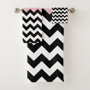 Black and White Zigzag Pattern, Chevron, Pink Bath Towel Set