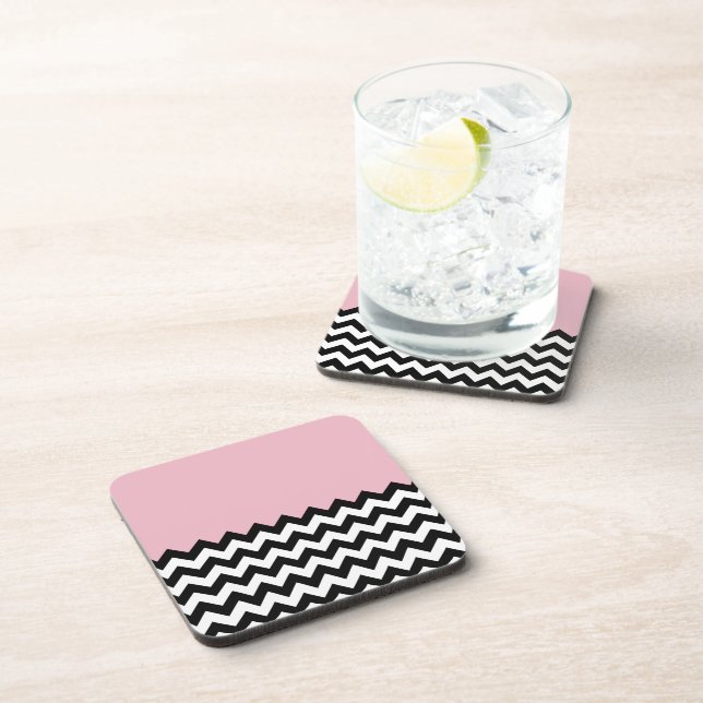 Black and White Zigzag Pattern, Chevron, Pink Coaster (Right Side)