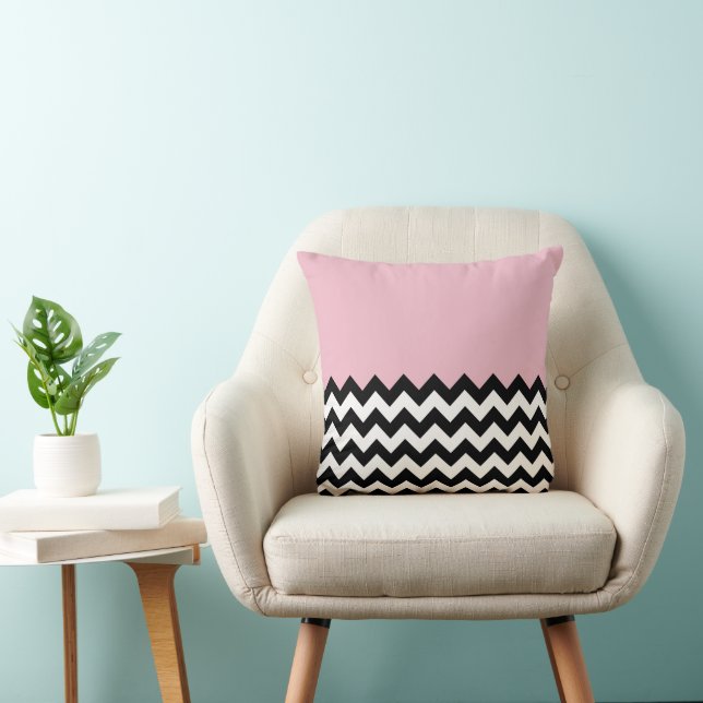 Black and White Zigzag Pattern, Chevron, Pink Cushion (Chair)