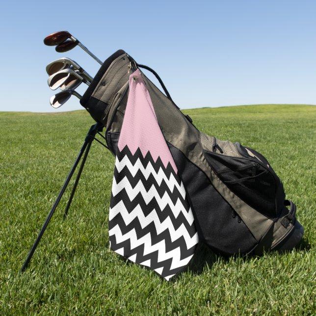 Black and White Zigzag Pattern, Chevron, Pink Golf Towel (Green)