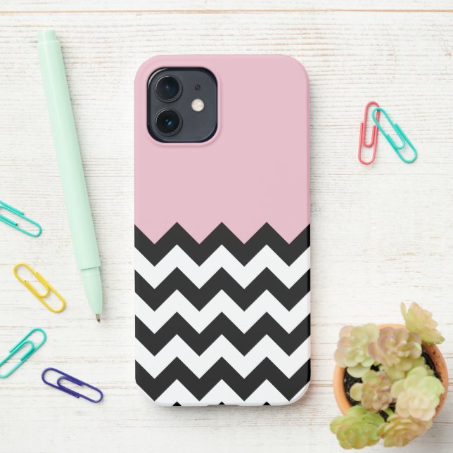 Black and White Zigzag Pattern, Chevron, Pink iPhone Case (On Desk)
