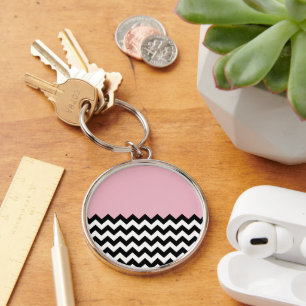 Black and White Zigzag Pattern, Chevron, Pink Key Ring
