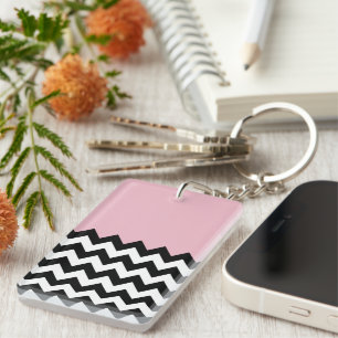 Black and White Zigzag Pattern, Chevron, Pink Key Ring