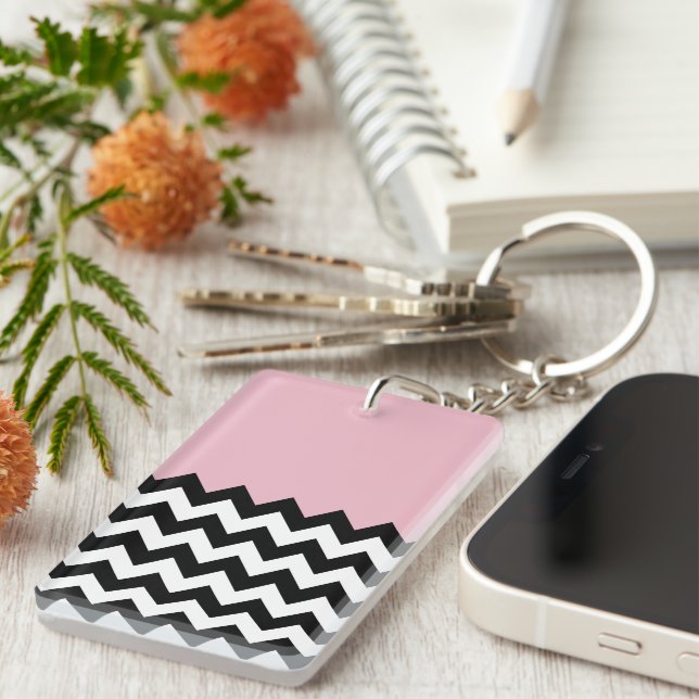 Black and White Zigzag Pattern, Chevron, Pink Key Ring (Front Right)