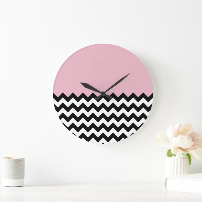 Black and White Zigzag Pattern, Chevron, Pink Large Clock (Home)