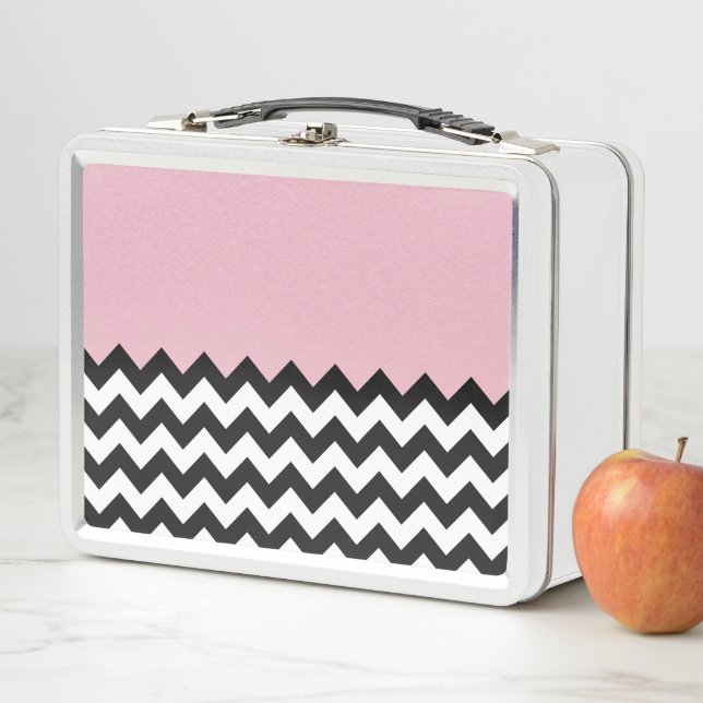 Black and White Zigzag Pattern, Chevron, Pink Metal Lunch Box (In Situ)
