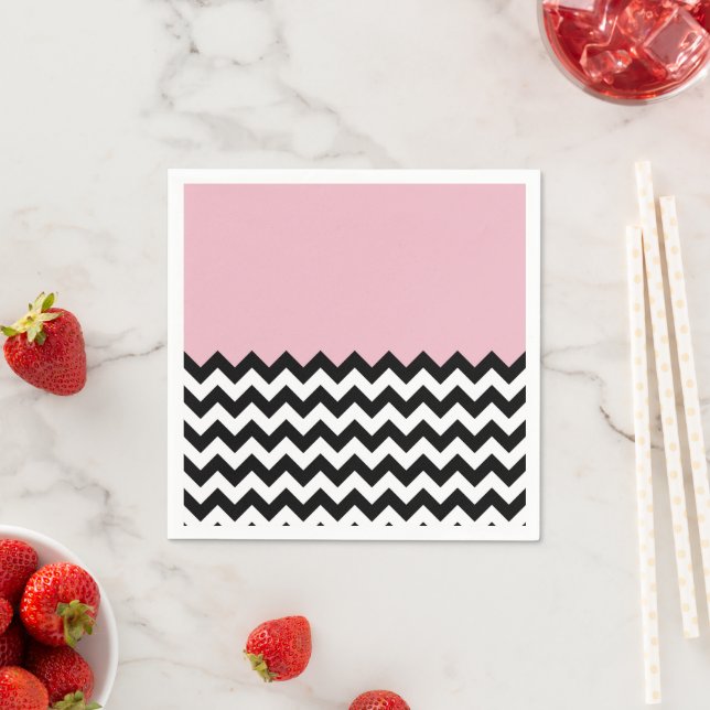 Black and White Zigzag Pattern, Chevron, Pink Napkin (Insitu)